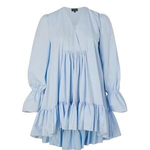AZEEZA‎ Thistle Poplin Dress XXL Baby Blue Cotton V-Neck Ruffle Tiered Mini NWT